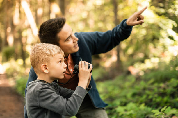 istock Father and son exploring in the forest together looking binoculars at wildlife bird watching. 2059748541