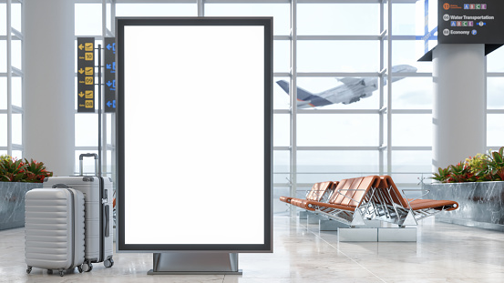 Blank Billboard At Airport Waiting Area With Luggages, Empty Seats And Blurred Background