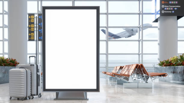 Blank Billboard At Airport Waiting Area With Luggages, Empty Seats And Blurred Background Blank Billboard At Airport Waiting Area With Luggages, Empty Seats And Blurred Background airport stock pictures, royalty-free photos & images