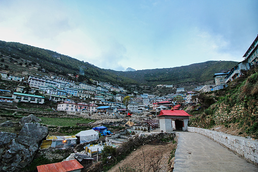 Namche Bazaar scenic valley and town view - the largest town in the Khumbu region and home town of the Sherpas at 3440 meters above sea level and gateway to the Sagarmatha National park, Nepal