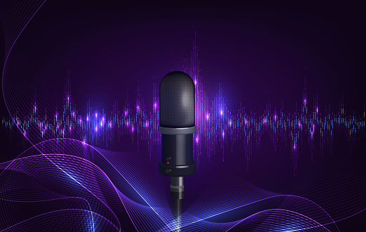 microphones in podcast or interview room isolated on dark background as a wide banner for media conversations or podcast streamers concepts with copyspace