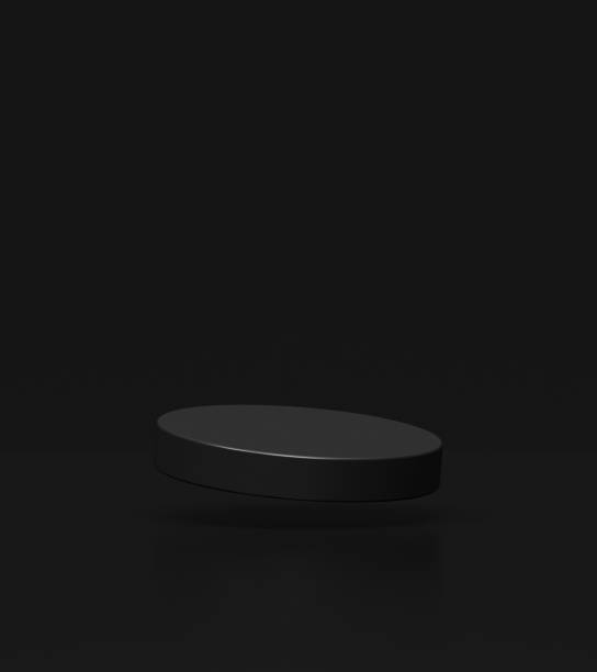 istock Black round podium floating off the floor for displaying products. 3D background 2059802667