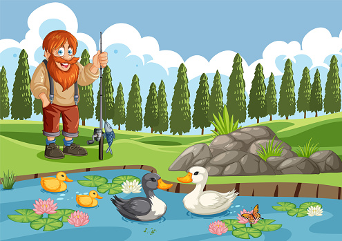 Happy fisherman with ducks in a serene pond