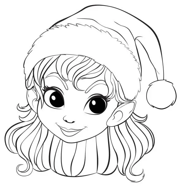 Vector illustration of Elf girl with Santa hat line art.