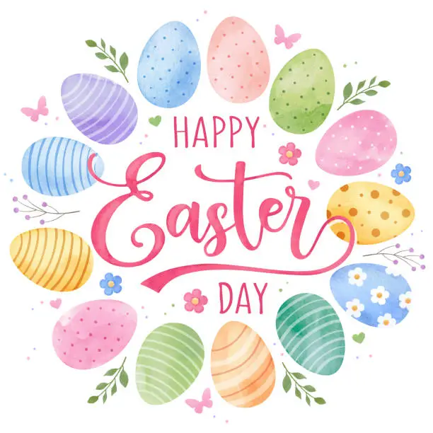 Vector illustration of Happy Easter watercolors greeting card with watercolor decorated eggs and flowers on white backgrounds.