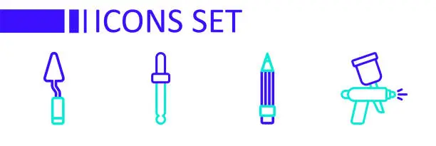 Vector illustration of Set line Paint spray gun, Pencil with eraser, Eyedropper color picker palette and Palette knife icon. Vector