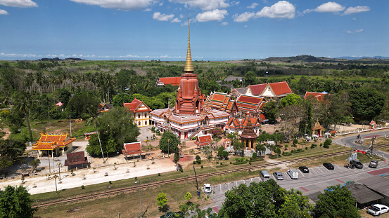 Top view of Wat Chang Hai or Wat Rat Buranaram is a beautiful temple in Pattani that is more than 300 years old and is a tourist attraction in Pattani. It is like the center of the mind of the Southern Thai people.