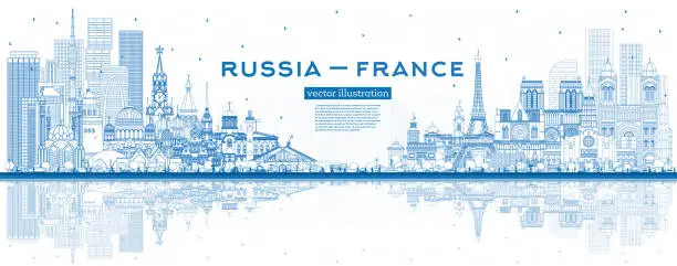 Vector illustration of Outline Russia and France skyline with blue buildings and reflections. Famous landmarks. France and Russia concept. Diplomatic relations between countries.
