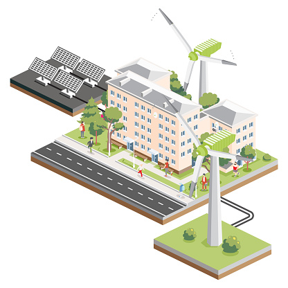 Isometric residential five storey building with solar panels and wind turbines. Green eco friendly house. Infographic element. Infographic element. Vector illustration. City home. Trees with people.