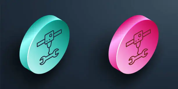 Vector illustration of Isometric line 3D printer wrench spanner icon isolated on black background. 3d printing. Turquoise and pink circle button. Vector