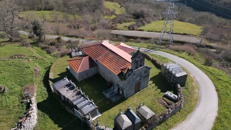 Right to left aerial overview of Church of Madanela de Cerdeira in San Xoan de Rio, Ourense, Galicia, Spain