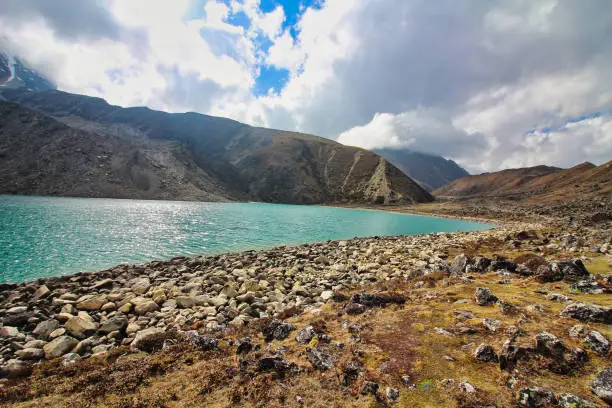 The Emerald green Gokyo Lake No 2, also called Taboche Tsho, part of a series of 5 high altitude lakes in the Gokyo region of Khumbu and a Ramsar wetland in Nepal