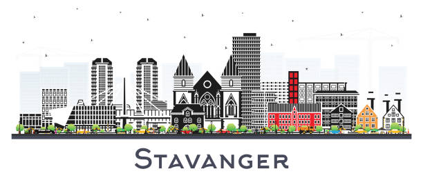 ilustrações de stock, clip art, desenhos animados e ícones de stavanger norway city skyline with color buildings isolated on white. vector illustration. stavanger cityscape with landmarks. business travel and tourism concept with historic architecture. - scandinavian church front view norway