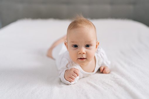 Portrait of curious sweet infant baby kid in white bodysuit lying on stomach happily waves arms and legs with smile. Portrait of calm newborn child relaxing alone on comfortable blanket at home.