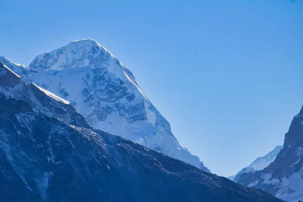 Ama Dablam, iconic ice cream shaped jewel of the Khumbu Himalayas visible over a ridge from Gokyo Ri,Nepal