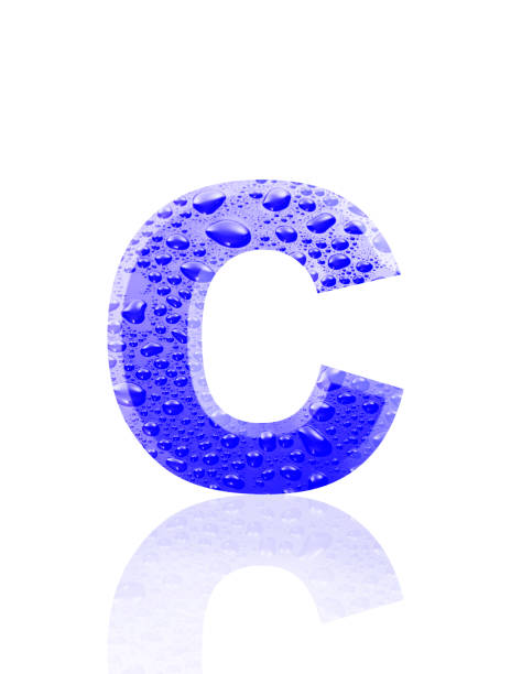 Close-up of three-dimensional water droplets alphabet letter C on white background.