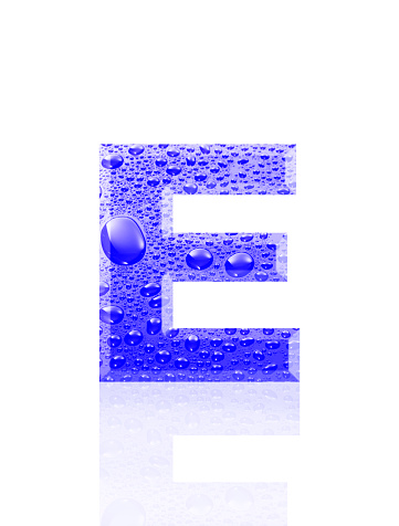 Close-up of three-dimensional water droplets alphabet letter E on white background.