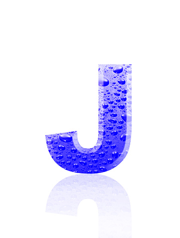 Close-up of three-dimensional water droplets alphabet letter J on white background.