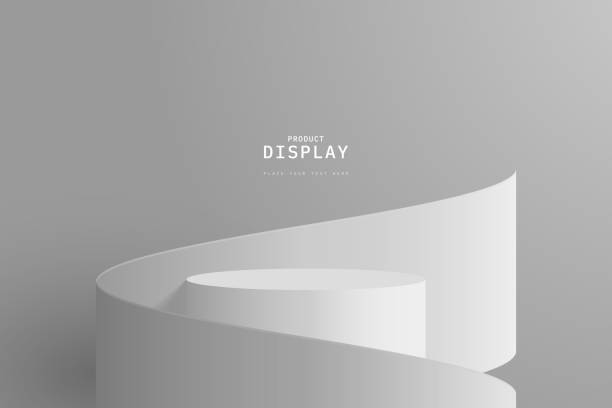 istock Empty gray room rendered 3d cylinder podium or product display stand surrounded geometric shape vector rendering. stage for show product. minimal scene for mockup. 2059915919