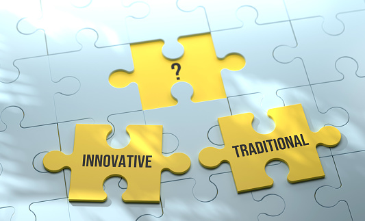 Two Puzzle Pieces and decisions. Innovative Or Traditional?