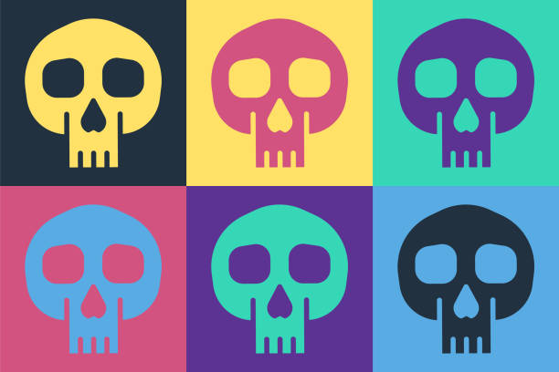 pop art skull icon isolated on color background. vector - pop art skull backgrounds pattern stock illustrations