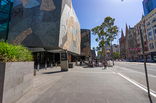 Melbourne, Australia - December 29,2023 : View of ACMI, Australian Centre for the Moving Image in summer in Melbourne, Australia on December 29,2023.