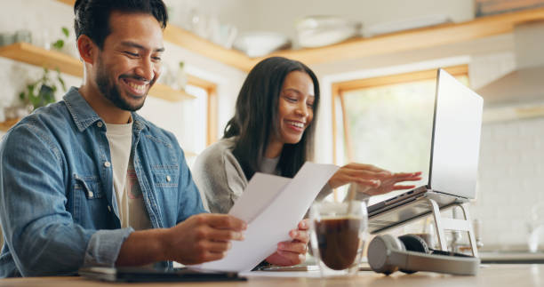 istock Kitchen, talking and couple with a tablet, planning a meal and communication with social media, home and internet connection. Network, man or woman with technology, speaking and website information 2059950938