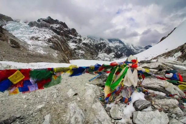 Prayer flags at the summit of Cho La pass which is at 5400 meters the lowest point between the Cholatse and Lobuche peaks