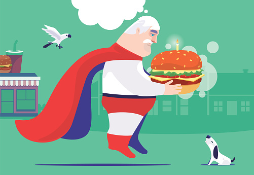 vector illustration of sad senior superhero holding hamburger with pets