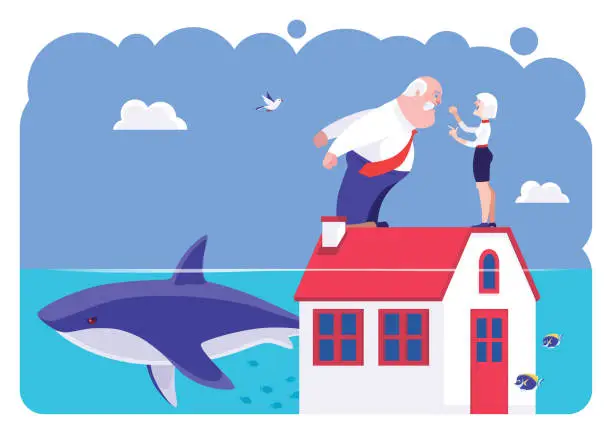 Vector illustration of senior couple arguing and standing on drowned house