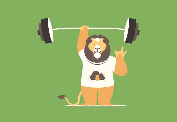 Vector illustration of lion lifting barbell and cheering