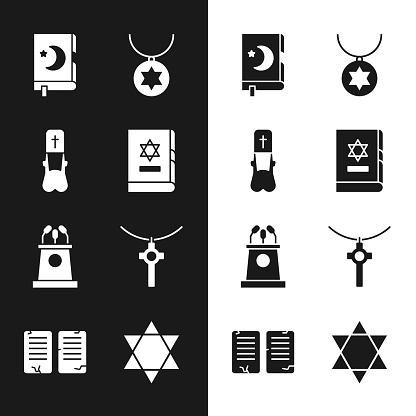 Set Jewish torah book Priest Holy of Koran Star David necklace on chain Stage stand tribune Christian cross and The commandments icon. Vector.