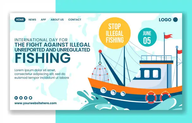 Vector illustration of Illegal Against Fishing Social Media Landing Page Cartoon Templates Background Illustration