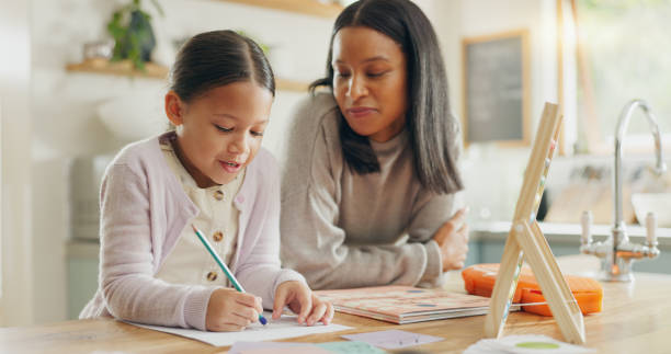 istock Homework, mother and girl with education, teaching and conversation with support, help and knowledge. Female child writing, student or mama with a kid, kitchen and learning with growth or development 2059976233