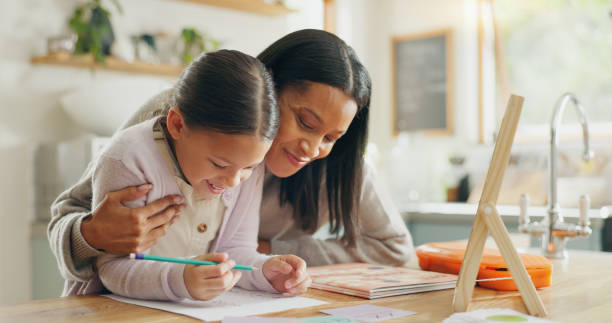 istock Homework, mother and girl with education, teaching and conversation with support, help and knowledge. Female child writing, student or mama with a kid, kitchen and learning with growth or development 2059976247