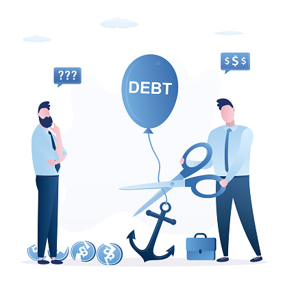 Banker using scissors cuts debt load of borrower. Loan restructuring. Bankruptcy, concept. Businessman bankrupt consults with accountant. Debt burden, lack of finance. Economic troubles. flat vector