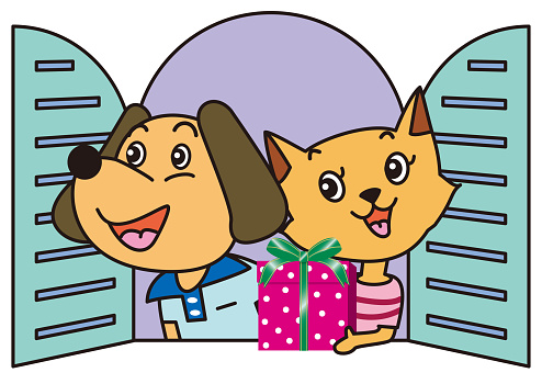 A dog and cat couple are happy to receive a present box by the window