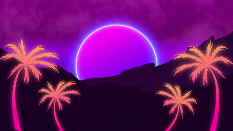 Retro style night silhouette of rocky mountain with palm trees lit by the moon.
