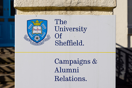 Sheffield, South Yorkshire, United Kingdom - February 24 2024:  sign outside the University of Sheffield for Campaigns and Alumni Relations