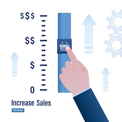 Businessman hand moves up slider on measuring scale. Improvement sales, business training. Increase sales, promotion campaign, discounts. Vertical banner. Flat vector illustration