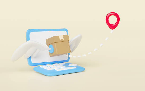 istock laptop computer with goods cardboard box fly, pin isolated. express delivery route, worldwide shipping concept, 3d illustration render 2059990381