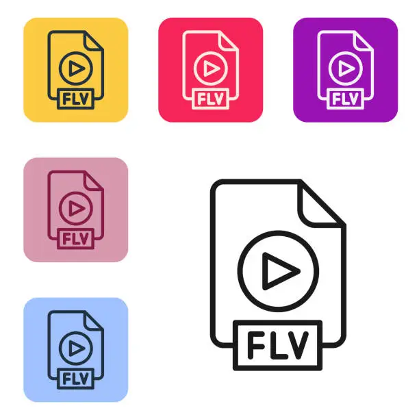Vector illustration of Black line FLV file document video file format. Download flv button icon isolated on white background. FLV file symbol. Set icons in color square buttons. Vector