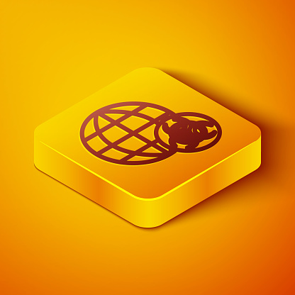 Isometric line GMO icon isolated on orange background. Genetically modified organism acronym. Dna food modification. Yellow square button. Vector.