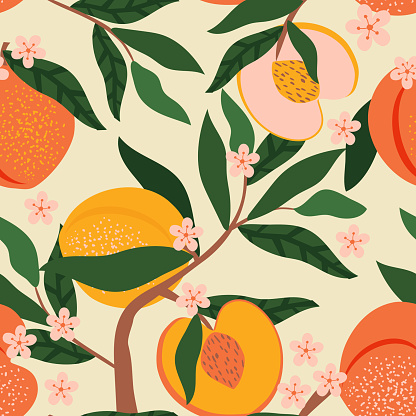 Peaches fruits and flowers with leaves on a branch form a seamless pattern. Summer tropical fruity vibe for fabrics, textiles, wrapping paper. Vector.