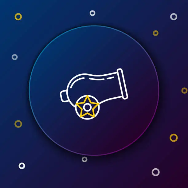 Vector illustration of White and yellow line Cannon icon isolated on dark blue background. Colorful outline concept. Vector Illustration