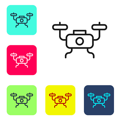 Black line Drone flying icon isolated on white background. Quadrocopter with video and photo camera symbol. Set icons in color square buttons. Vector.