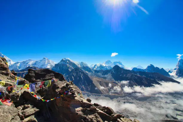 Magnificent view of a grand Himalayan panorama on a bright morning with Everest, Lhotse, Makalu and other major Himalayan peaks visible from summit of the trekking peak Gokyo Ri,5350 meters in Nepal