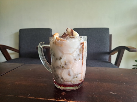 Minuman Es Kacang Ijo Or Mung Bean Ice Drink With Bread And Chocolate. Drink Menu.