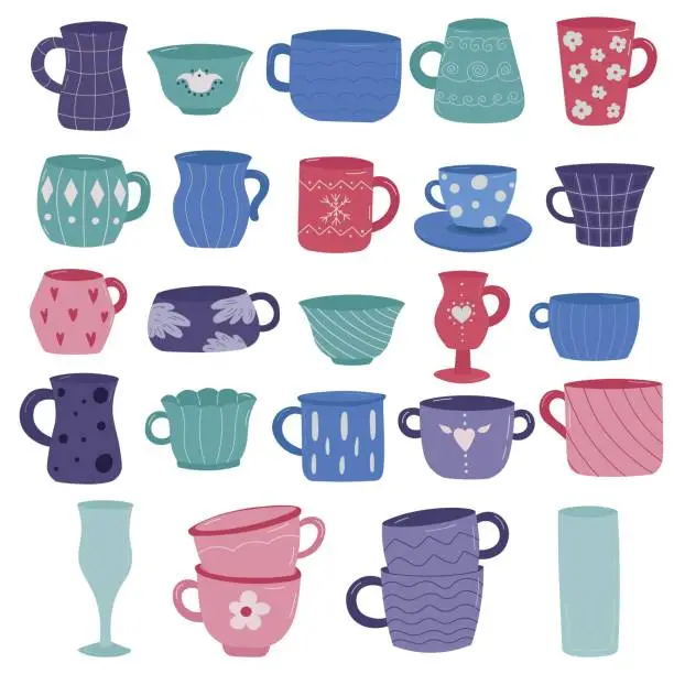 Vector illustration of Tea coffee cup set vector illustration. Cartoon vintage teacup collection for english afternoon tea ceremony party or breakfast, drawn pattern on cup and mug