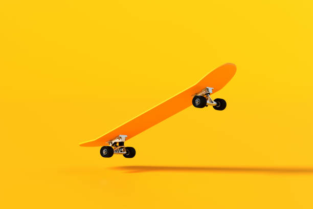 Yellow skateboard levitating on yellow background with copy space. 3D rendering.